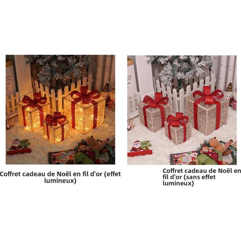 Coffret Cadeau de Noël Pliable 3 Pièces avec Lumières LED et Télécommande, Décoration Festive Dorée à 8 Modes pour Anniversaire et Fêtes, Ensemble Grand-Moyen-Petit (15,5-25,5 cm)-lsw