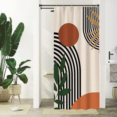 120x180cm Rideau Douche Abstrait, Rideau de Douche Terracotta Géométrique Noir Lignes Moderne Minimaliste Rideau Baignoire Anti Moisissure Imperméable Tissu Polyester Lavable Rideau de Bain (1/5)