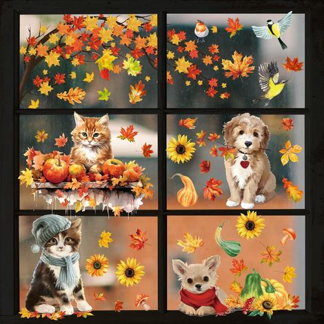 Herbstliche Fensteraufkleber für Thanksgiving – Fensterdekoration – Ohne Kleber – Ahornblätter – Herbstliche Fensteraufkleber für die Feiertage