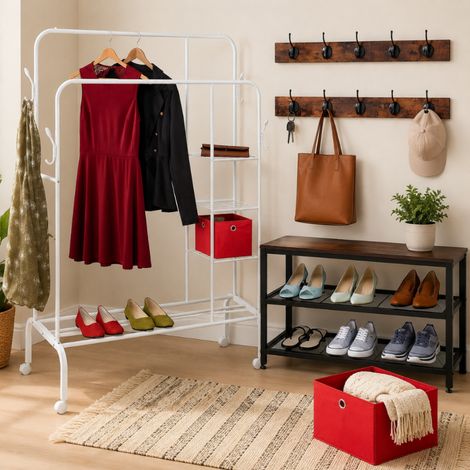 Conjunto de armario con ruedas (3 piezas): perchero con ruedas, estante para zapatos y cajones de tela (1/5)