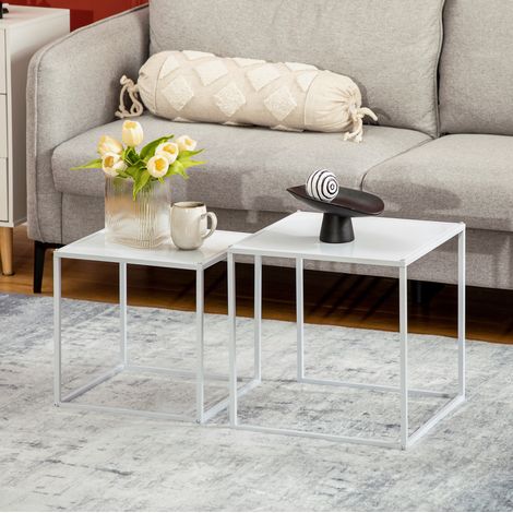 2-teiliges quadratisches Couchtisch-Set, Beistelltische aus Stahl, weiß HAVRYA (1/5)