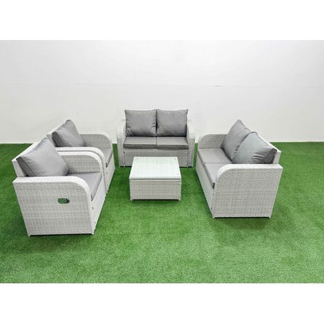 Fimous 6 Seater Outdoor Reclining Chair Love Sofa Set Rattan Garden Furniture Set with Square Coffee Table Light Grey (1/4)