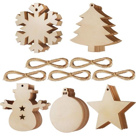 50 Stück Holzscheiben-Ornamente, unbehandeltes Holz, Hängeornamente
