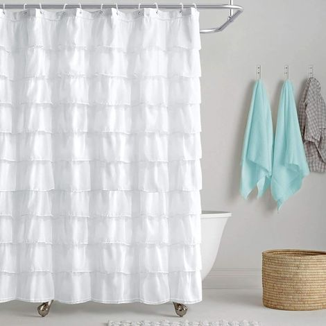 Tenda da doccia bianca, con volant, in stile country, in tessuto leggero, adatta per l'uso in bagno, 183 cm - FQ - (1/5)