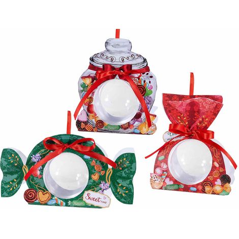 Sfere trasparenti apribili in plastica alimentare in confezione a tema dolcetti Perfette da appendere o appoggiare, set da 18 pezzi, Ø 8 cm