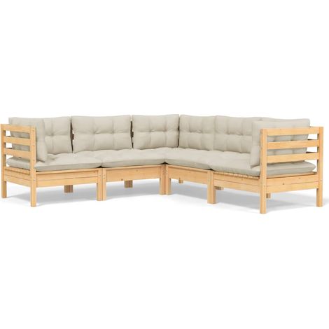 5-tlg. Garten-Lounge-Set mit Creme Kissen Massivholz Kiefer vidaXL