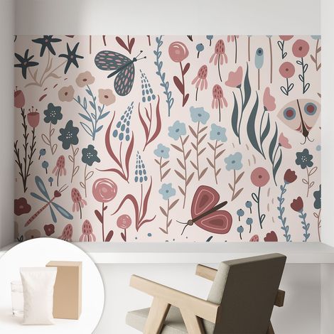Papier peint décoratif avec colle pour salon, chambre à coucher et bureau – Design moderne et facile à poser Fleurs et insectes 104x70 cm (1/5)
