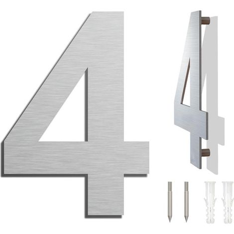 Hausnummer aus Edelstahl，25,4 cm，Nummer 4，Schwebende Hausnummer，Hausnummer aus Metall，Hausnummer für den Außenbereich，3D-Hausnummer，Silber (1/5)