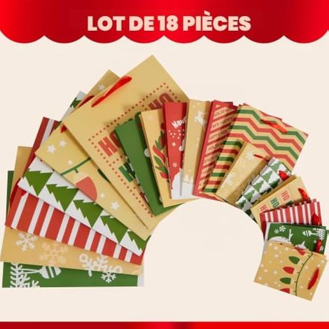 Lot de 18 sacs cadeaux de Noël en papier kraft crème avec des imprimés chics, parfaits pour les cadeaux de Noël, la décoration des fêtes scolaires et de classe.