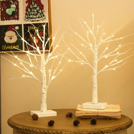 Lot de 2 arbres lumineux avec 24 LED blanc chaud en bouleau avec fonction minuterie - Branches décoratives à piles - Décoration de Noël pour maison, fête, Noël, Pâques, mariage - 55 cm (1/5)
