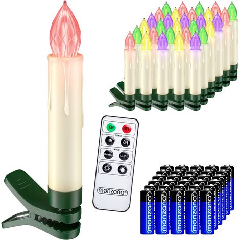 MONZANA® Battery Powered Clip On LED Candle Christmas Tree Lights White/Multi  30 Pieces / Multicoloured + Batteries