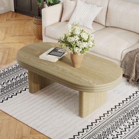 Mesa de centro 120x60x41.5 cm natural en MDF con chapa de madera, ovalada y multifuncional (1/5)