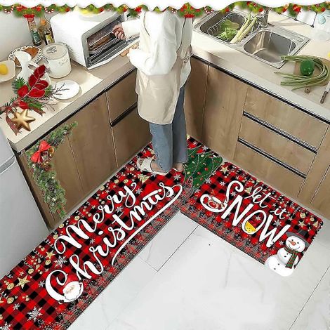 Tapis de sol de cuisine et de salle de bain sur le thème de Noël avec rennes et sapin de Noël - Velours épais et cristallin, antidérapant et facile à nettoyer (1/4)