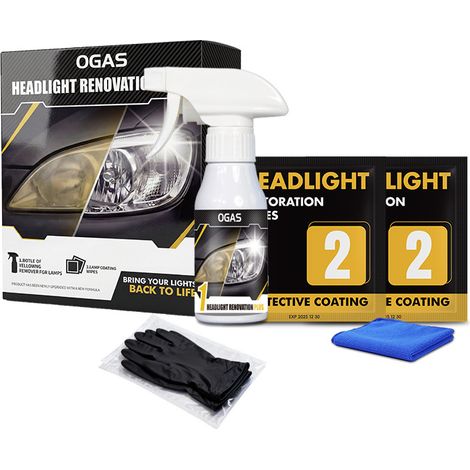 Kit de rénovation de phares OGAS Plus : élimination du jaunissement et de la buée, sans polissage, nettoyage et application d’un revêtement pour phares de voiture (1/5)