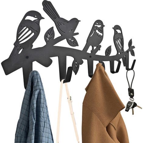 Porte-manteau mural en métal noir en forme d'oiseaux avec crochets pour manteaux, clés et sacs (1/5)