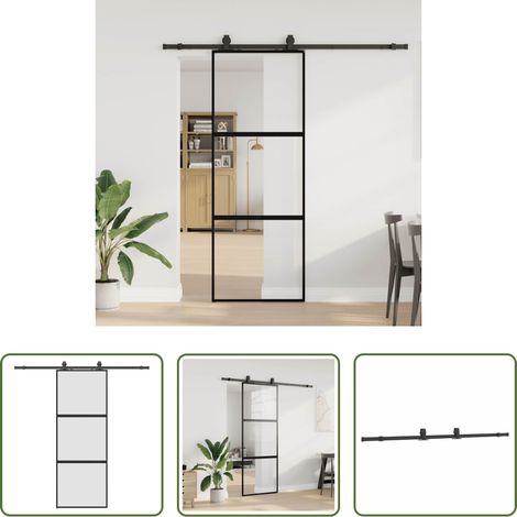 Verre trempé - Porte coulissante kit quincaillerie noir 76x205 cm verre trempé (1/5)