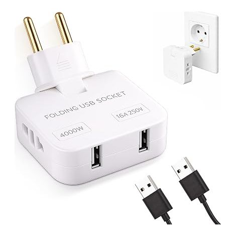 Flat Power Strip for Behind Furniture, Flat Socket with 2 USB C Sockets, 180° Swivel, Europe to USA Adapter, USB Wall Socket for TV and Bed (1/5)