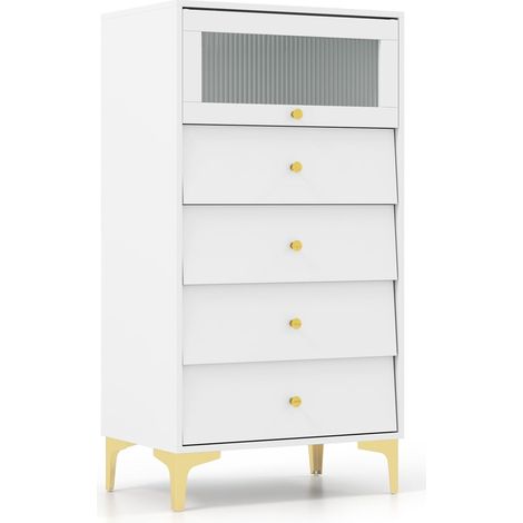 GOPLUS Commode avec 4 Tiroirs 60x40x112,5CM avec Placard à Porte en Verre et Tiroirs Coulissants-Pieds Métalliques Dorés,Blanc (1/5)