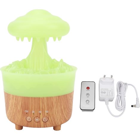 Humidificateur à effet nuage de pluie, 7 couleurs de lumière, télécommande, humidificateur à goutte d'eau imitation bois, diffuseur d'aromathérapie pour la maison, la chambre ou le bureau, vert, prise (1/5)