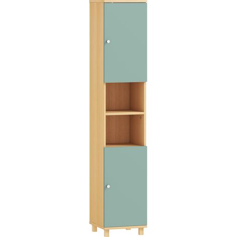 Meuble de salle de bain, unité de rangement avec 2 placards, 2 compartiments ouverts, étagères réglables, 30 x 30 x 166 cm, vert (1/5)