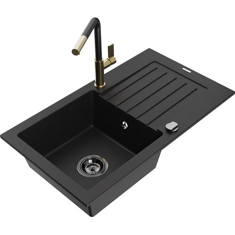 Mexen Pablo 1 Becken-Granitspüle mit Abtropffläche und Mischbatterie Flora, Schwarz - 6510-77-670401 (1/5)