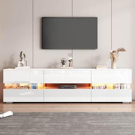 Meuble TV 160x39x45cm - avec 2 portes, 1 tiroir, compartiment ouvert - verre acrylique - laqué brillant - blanc (1/5)