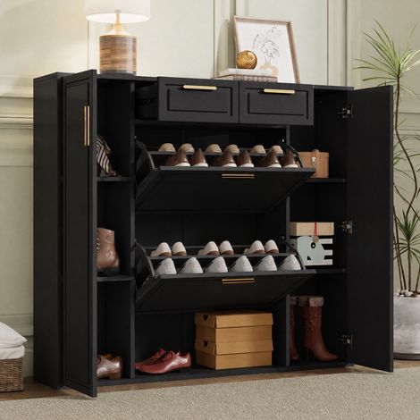 Meuble à chaussures 2 portes et 2 tiroirs, 95x24x107,5 cm, 10-15 paires, avec étagères réglables, en panneaux de particules, noir (1/5)