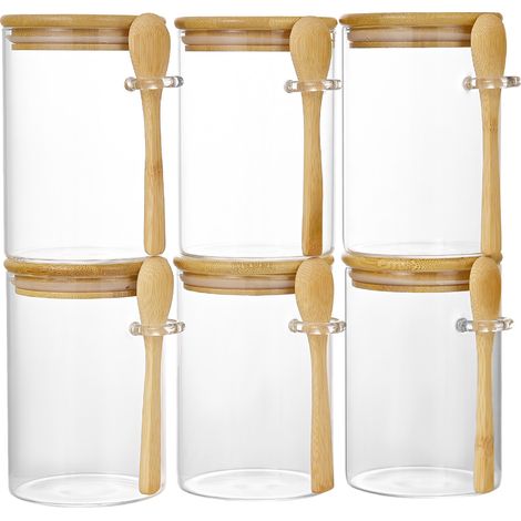 Lot de 6 bocaux verre borosilicate, couvercle bambou joint silicone + cuillère bambou intégrée, pot rangement café thé épices bonbons, cuisine, micro‑ondes interdit (1/5)
