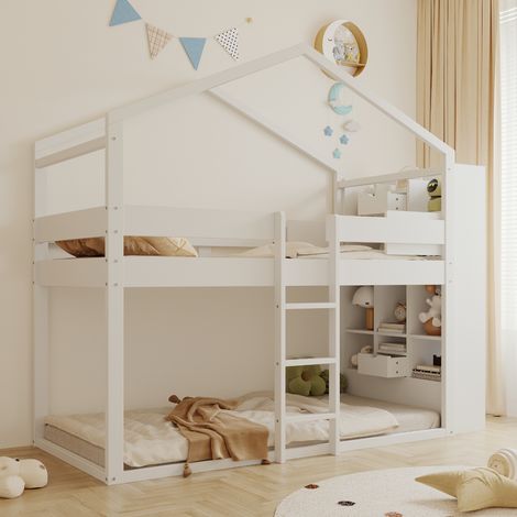 Lit superposé 90 x 200 cm - avec compartiments de rangement - avec 2 petits tiroirs - lit supérieur uniquement avec sommier à lattes - blanc (matelas non inclus)