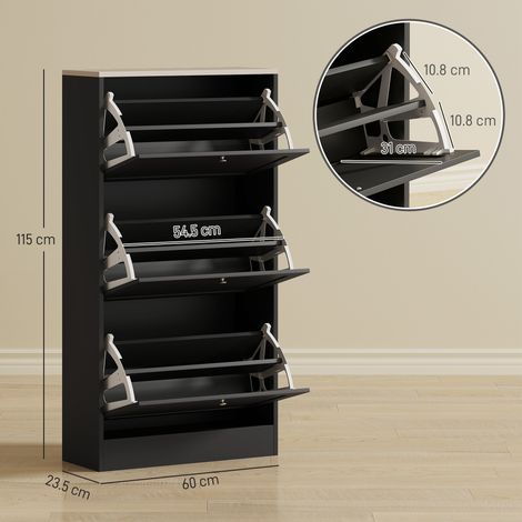 Meuble à chaussures gain de place avec 3 tiroirs et 2 étagères réglables, en bois, 60 x 23,5 x 115 cm, noir (1/5)