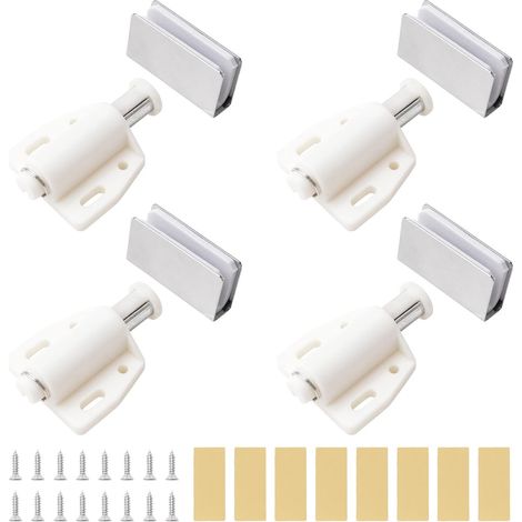 Lot de 4 loquets magnétiques pour porte en verre - Réglable - Sans cadre - Avec pince d'armoire - Convient pour porte en verre oscillante de 3 à 6 mm (blanc) (1/5)
