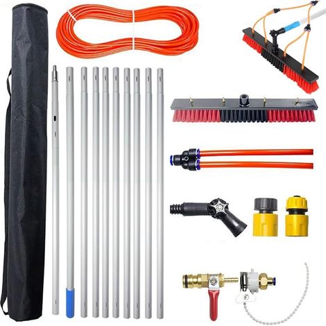 Perche Telescopique à Eau 10m avec Brosse Flexible 55cm Tête Orientable à 180° INCL. Flexible Antigel 20m et Accessoires,avec Sac de Rangement pour Panneaux Solaires,Vitres,Camping-Cars,Bateaux (1/5)