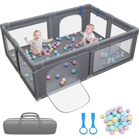 Parc Bébé rectangulaire - Centre d'activités avec 50 boules Pour Enfants Portable - 200 x 150 x 68 cm - Gris foncé (1/4)
