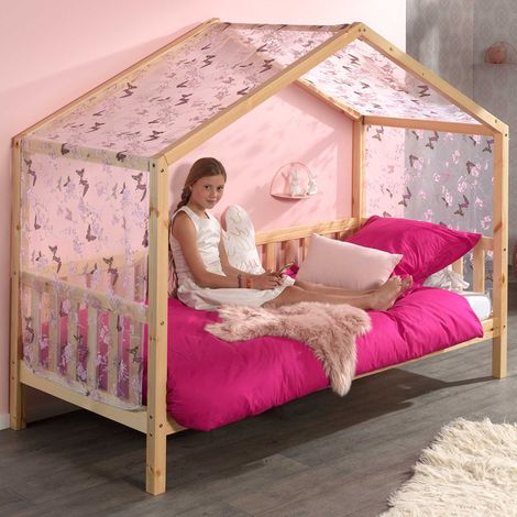 Lit cabane avec voile 90x200 pin massif clair Bali (1/5)