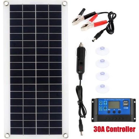 Kit de Panneau Solaire 100W 2 USB avec Contrôleur 30A Chargeur de Batterie Solaire pour Voiture Yacht Montres Bateau 12V-18V (1/4)