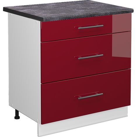 Küchenunterschrank Fame-Line, Bordeaux Hochglanz, 80 cm mit 3 Schubladen, AP Anthrazit, Vicco