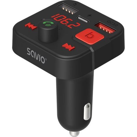 Transmisor FM SAVIO, Bluetooth 5.3, cargador QC 3.0, pantalla LED, Bass Boost, TR-15, negro (1/5)