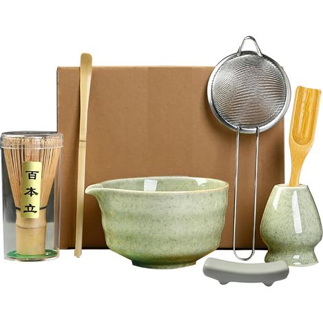 Lot de 7 balais à thé matcha avec bol à matcha, bol à matcha avec spout, support pour balai à matcha, cuillère en bambou, kit de démarrage pour le matcha (1/5)