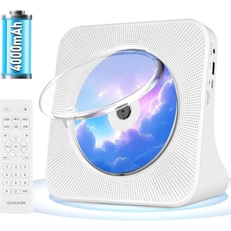 Lecteur CD Portable Rechargeable, HiFi Lecteur CD Bluetooth avec USB, AUX, FM Radio Lecteurs CD avec Un Bon Son, lecteurs CD sans Fil Blanc avec Télécommande