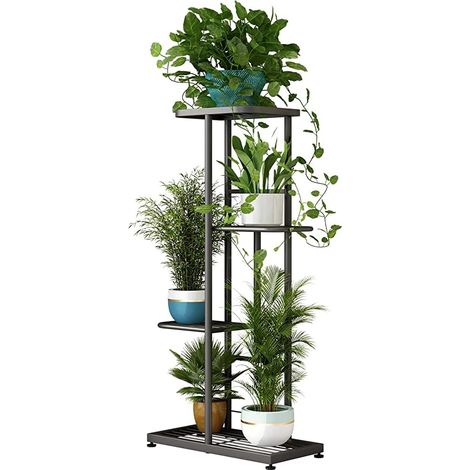 Support de plante en métal à 4 niveaux et 5 pots de fleurs pour intérieur et extérieur - Étagère de présentation pour terrasse, jardin, coin balcon, salon (4 niveaux, 5 pots, gris foncé) (1/5)