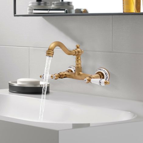 Rubinetto da parete ottone due manopole girevole cucina, rubinetto lavabo (1/5)