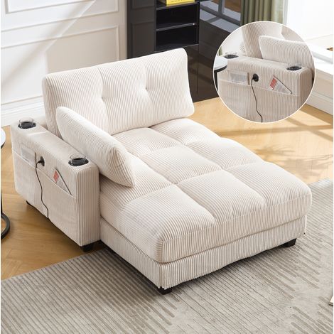 Sillón lounge de pana beige 140x112x81 cm con portabebidas, bolsillo lateral y USB (1/5)