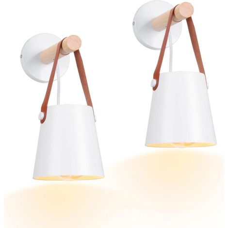 Lot de 2 Applique Murale Intérieur Vintage Lampe Murale Moderne E27 Luminaire Abat-jour en Métal avec Support en Bois Suspension Applique pour Chambre Salon Couloir (Blanc Mat) (1/3)