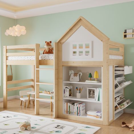 Cama alta infantil de madera maciza y MDF blanco y natural, 90x200 cm, con espacio de almacenamiento y cajones. (1/5)