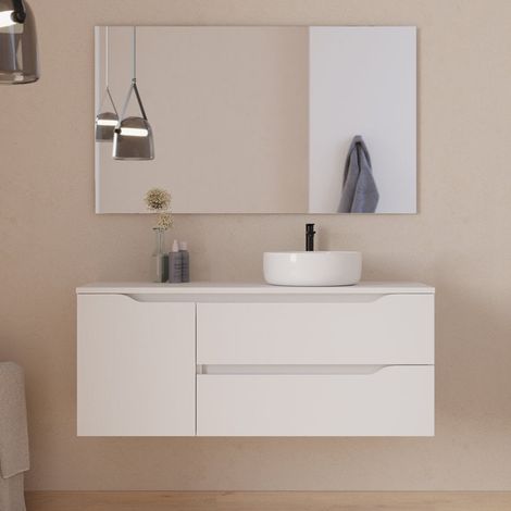 Meuble de salle de bain 120cm avec plateau, vasque à poser déportée à droite Ares et miroir - 2 tiroirs et un placard - blanc - ZARZA