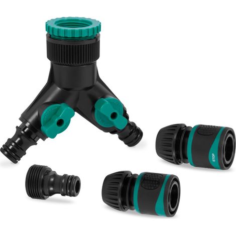 2-Wege-Hahnanschluss-Set - Doppelhahnanschluss - Inkl. Schlauchkupplungen und Steckadapter