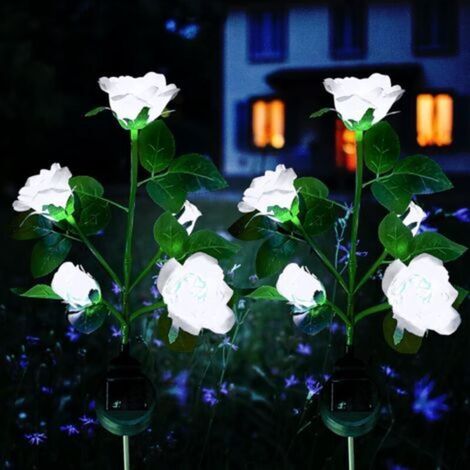 Lumière Solaire Extérieur Jardin, Lampes LED Rose solaires avec plus grande fleur et large panneau solaire, étanche Deco Jardin Exterieur pour jardin, pelouse, terrasse, chemin (blanc 2 Pièces) [Class (1/5)