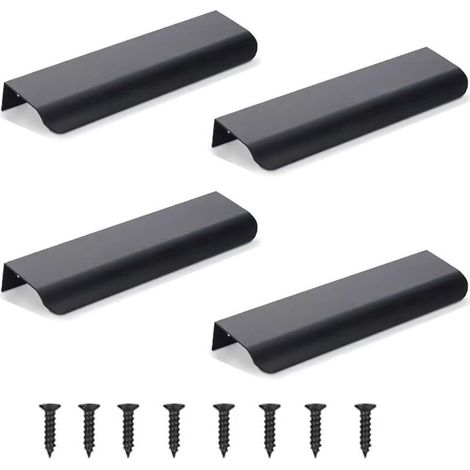 Lot de 4 poignées de meubles, poignées de porte cachées, poignées d'armoire, poignées de tiroir en aluminium, poignées cachées, poignées de meubles invisibles, poignées de cuisine - noir, 15 cm (1/5)