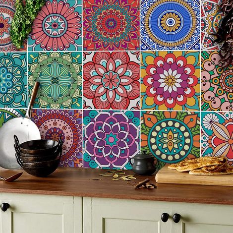 Lot de 18 autocollants muraux en mosaïque, multicolores, pour carrelage mural marocain, pour salle de bain, escalier, carrelage, imperméable, 15 x 15 cm (1/5)
