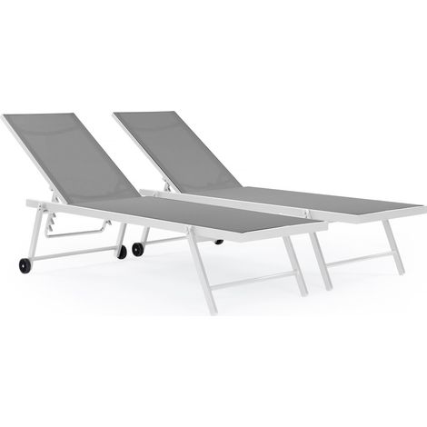Habitat Et Jardin – Lot de 2 bains de soleil textilène matelassé aluminium inclinables – Gris / Blanc – Dimensions 194 x 60 x 61 cm – Anti-rouille – Pour extérieur